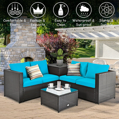 4 Pieces Outdoor Patio Rattan Furniture Set with Cushioned Loveseat and Storage Box, Turquoise Outdoor Sectionals at Gallery Canada
