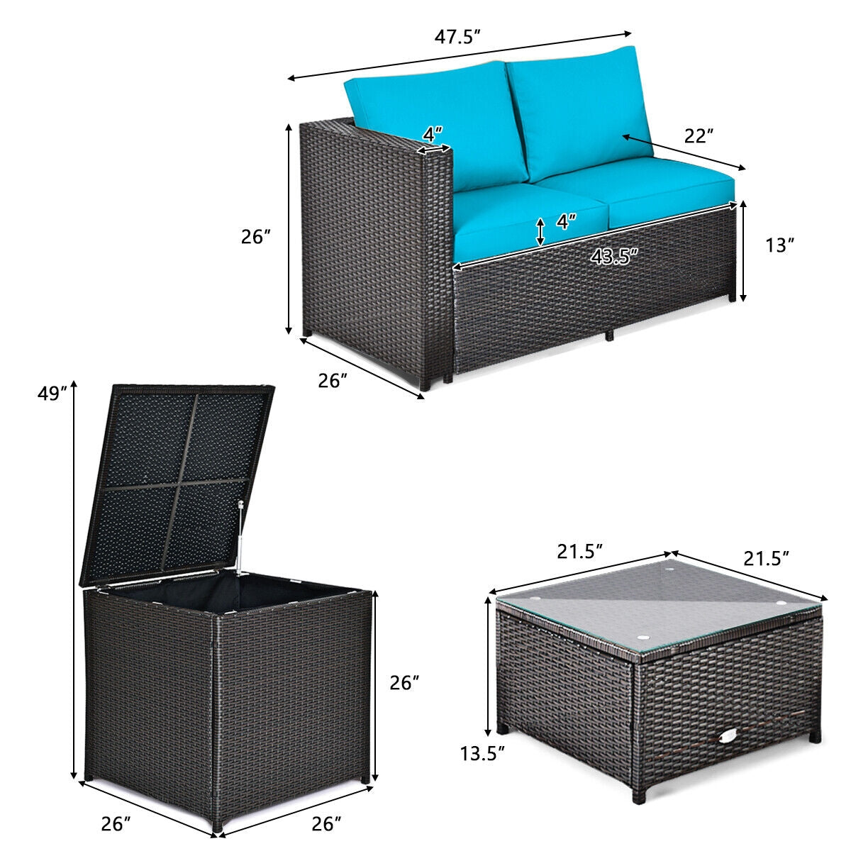4 Pieces Outdoor Patio Rattan Furniture Set with Cushioned Loveseat and Storage Box, Turquoise Outdoor Sectionals at Gallery Canada