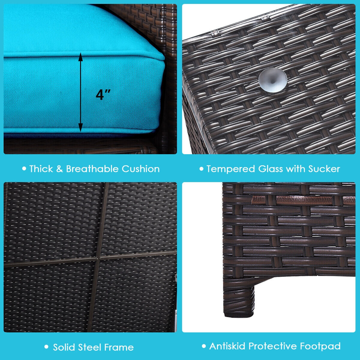 4 Pieces Outdoor Patio Rattan Furniture Set with Cushioned Loveseat and Storage Box, Turquoise Outdoor Sectionals at Gallery Canada