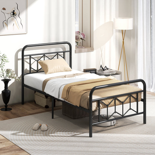 Platform Bed with High Headboard and Snap Lock Metal Slats-Twin Size, Black Simple Bed Frame Black - Twin at Gallery Canada