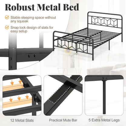 Platform Bed with High Headboard and Snap Lock Metal Slats-Queen Size, Black Simple Bed Frame at Gallery Canada