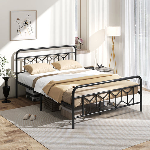 Platform Bed with High Headboard and Snap Lock Metal Slats-Queen Size, Black