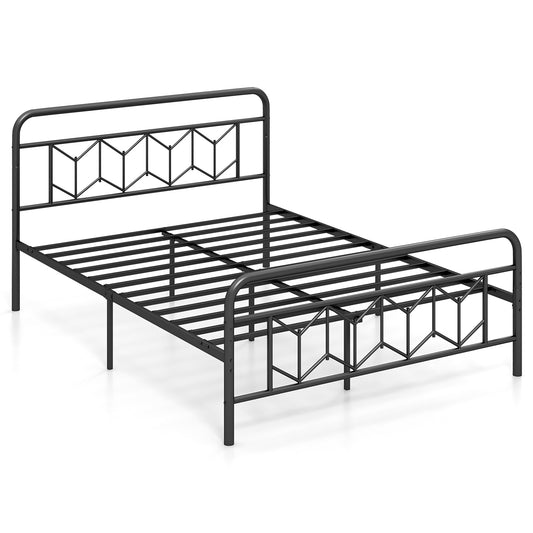 Queen Size Platform Bed, High Headboard, Snap Lock Metal Slats, Black