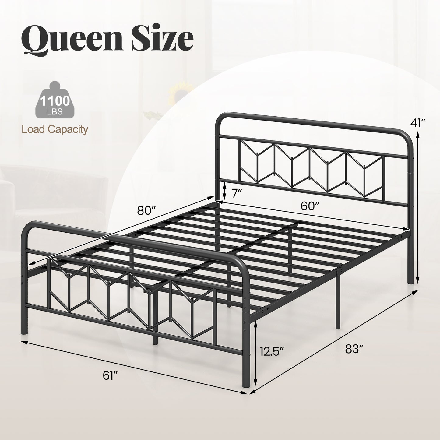 Platform Bed with High Headboard and Snap Lock Metal Slats-Queen Size, Black Simple Bed Frame at Gallery Canada