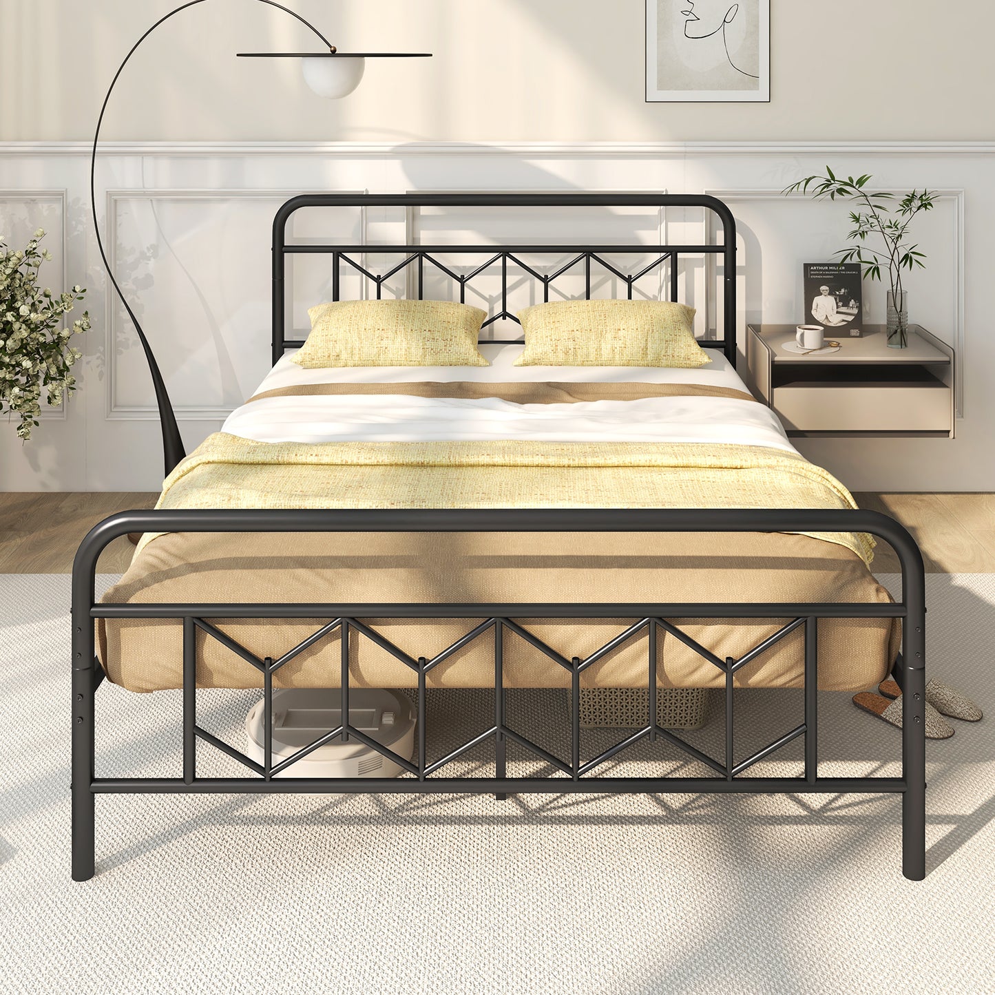 Platform Bed with High Headboard and Snap Lock Metal Slats-Queen Size, Black Simple Bed Frame at Gallery Canada