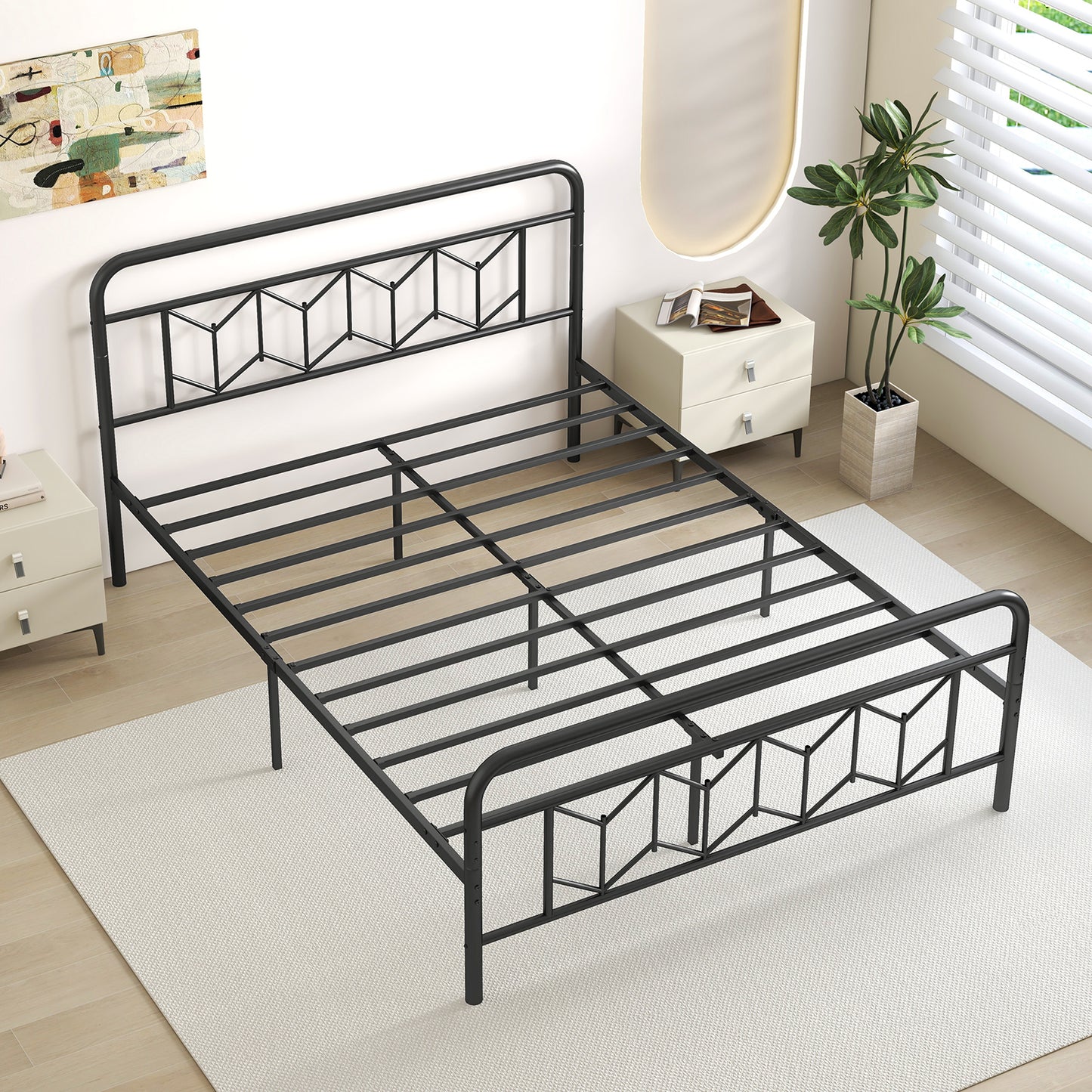 Platform Bed with High Headboard and Snap Lock Metal Slats-Queen Size, Black Simple Bed Frame at Gallery Canada