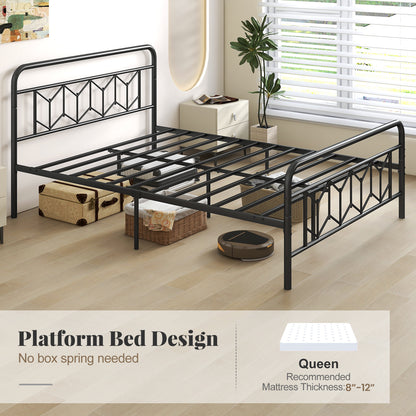 Platform Bed with High Headboard and Snap Lock Metal Slats-Queen Size, Black Simple Bed Frame at Gallery Canada