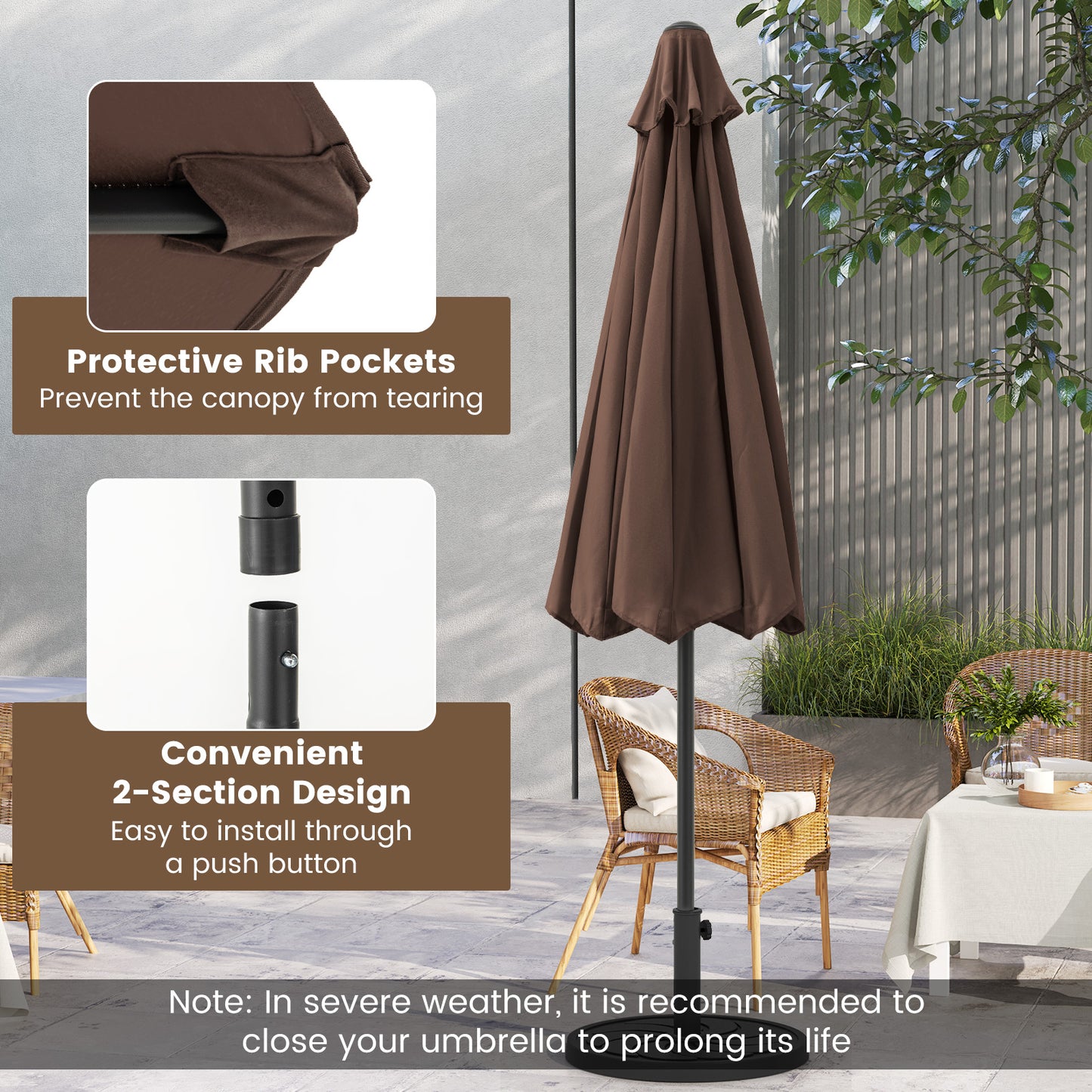 Outdoor Heavy Duty Market Umbrella with Crank Handle and 8 Sturdy Ribs, Brown Outdoor Umbrellas at Gallery Canada