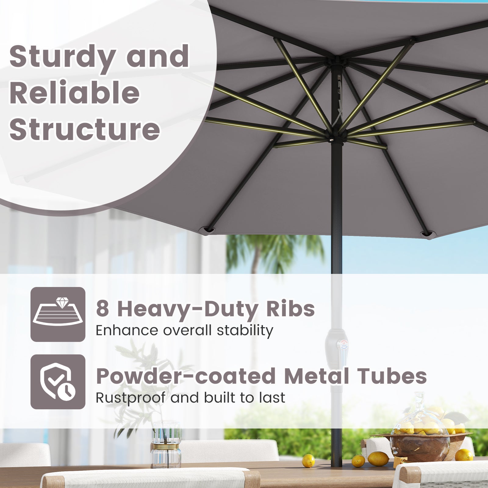 Outdoor Heavy Duty Market Umbrella with Crank Handle and 8 Sturdy Ribs, Gray Outdoor Umbrellas at Gallery Canada