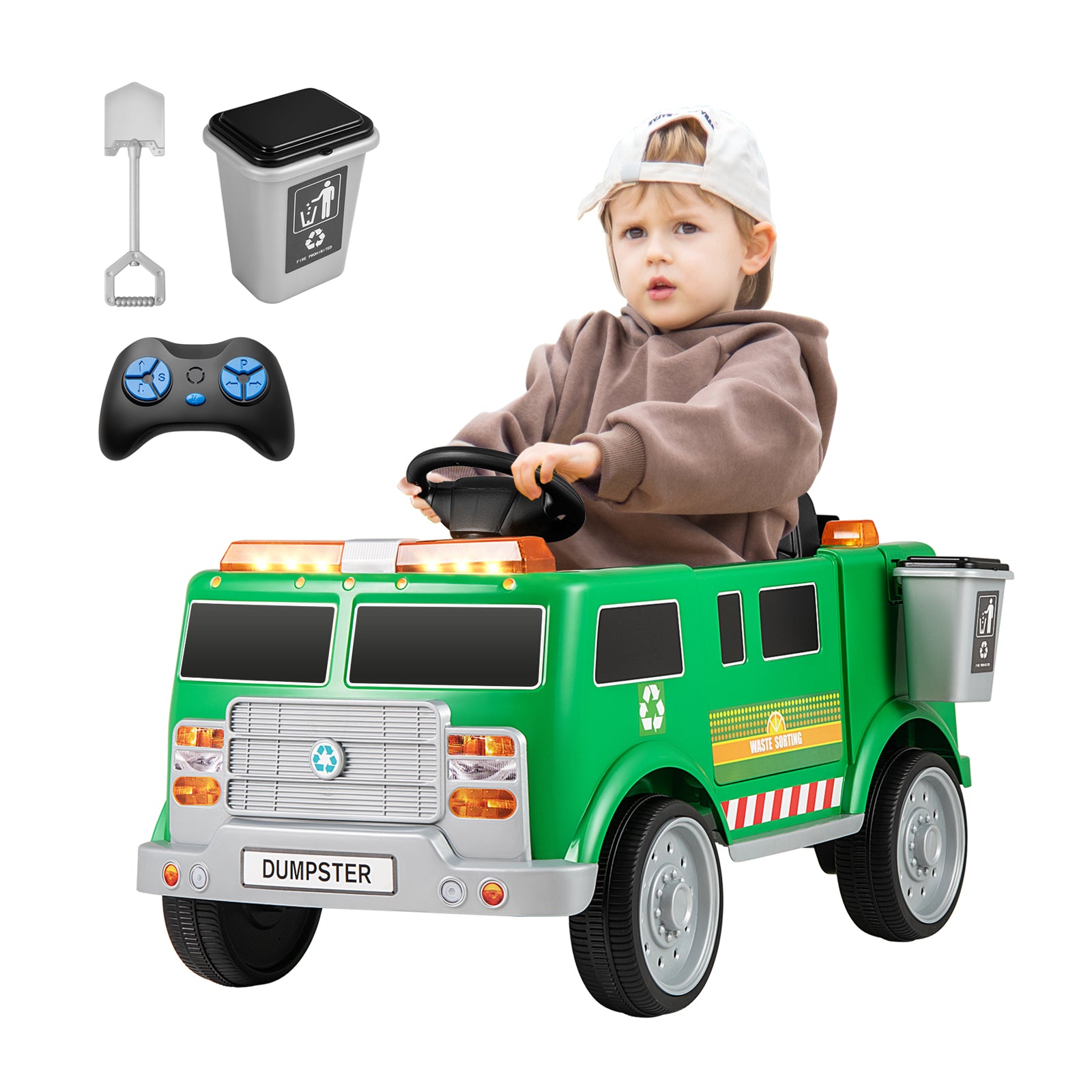 12V Electric Vehicle, Remote Control, Trash Bin, Green Powered Ride On Toys at Gallery Canada