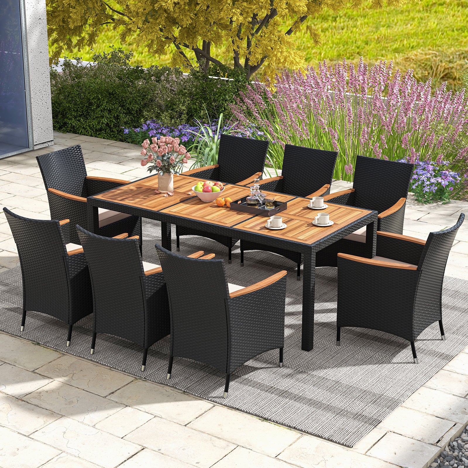 9 Pieces Outdoor Dining Set with Acacia Wood Tabletop, Beige Patio Dining Sets at Gallery Canada