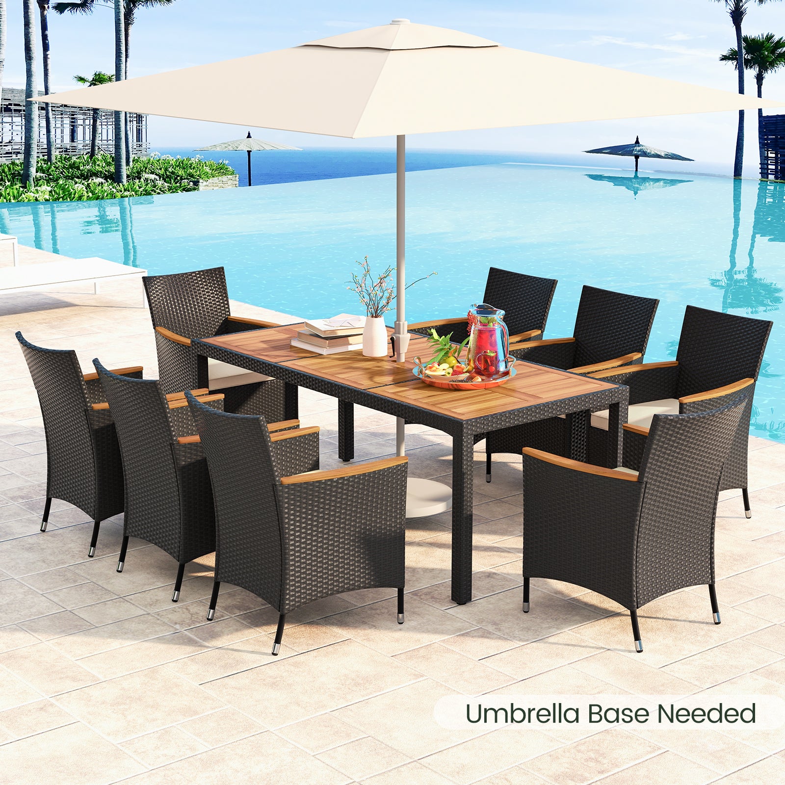 9 Pieces Outdoor Dining Set with Acacia Wood Tabletop, Beige Patio Dining Sets at Gallery Canada