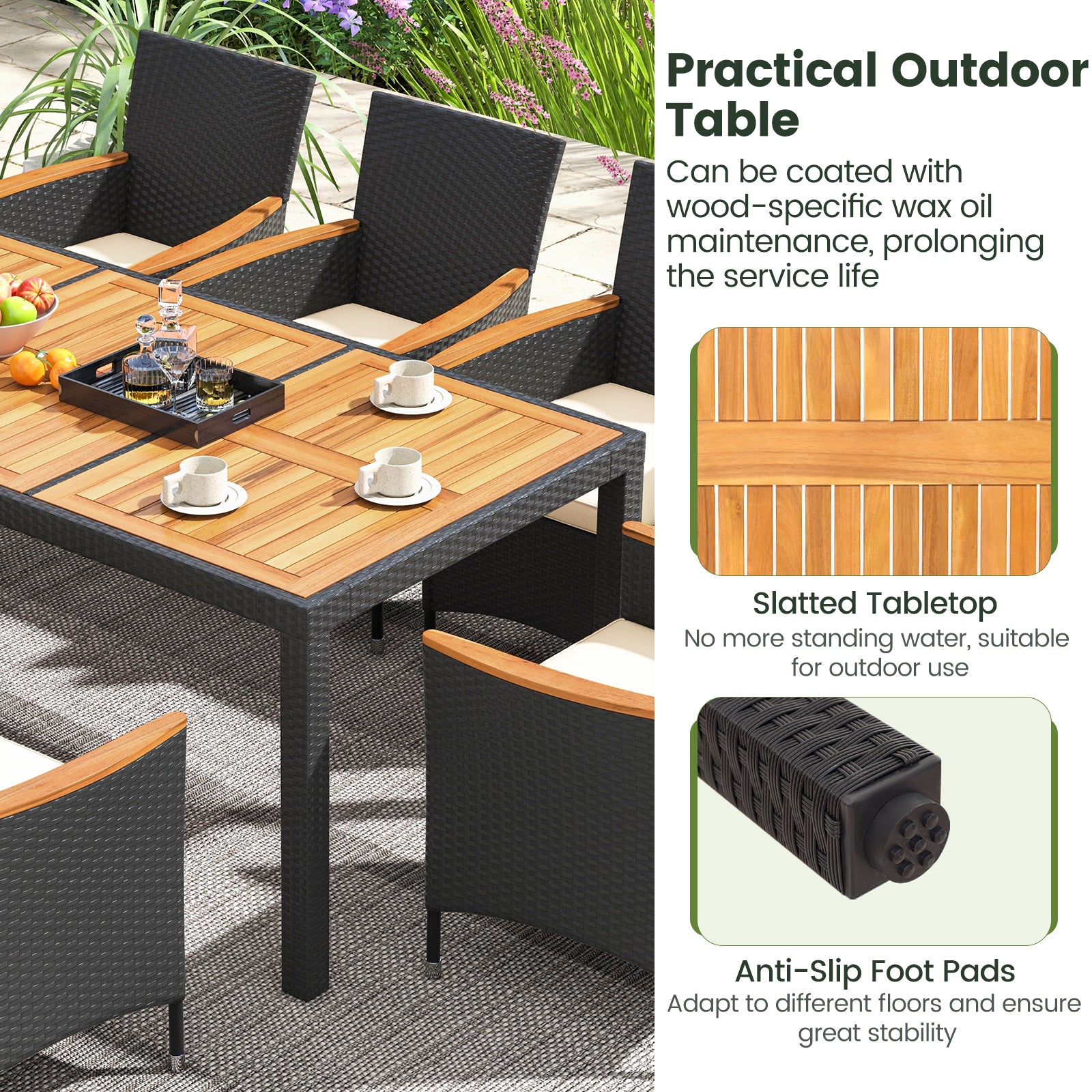 9 Pieces Outdoor Dining Set with Acacia Wood Tabletop, Beige Patio Dining Sets at Gallery Canada