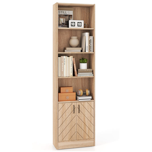 71 Inch 6-Tier Bookshelf, Double Doors, 4 Open Cubes, Oak