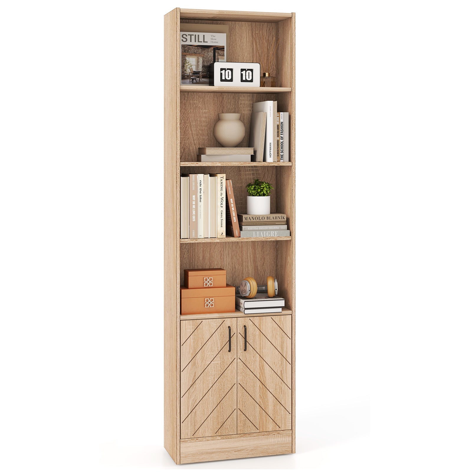 71 Inch 6-Tier Bookshelf, Double Doors, 4 Open Cubes, Oak Bookcases Oak at Gallery Canada