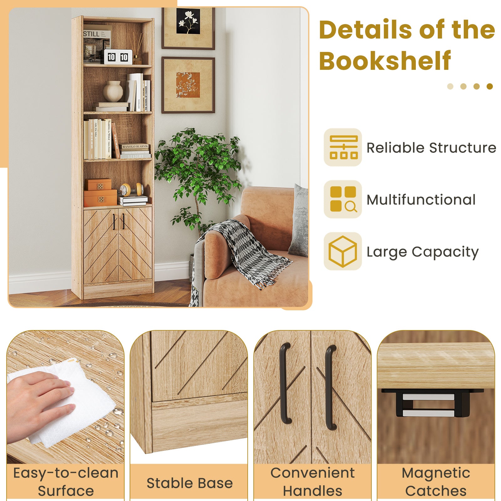 71 Inch 6-Tier Tall Bookshelf with Double Doors 4 Open Cubes, Oak Bookcases at Gallery Canada