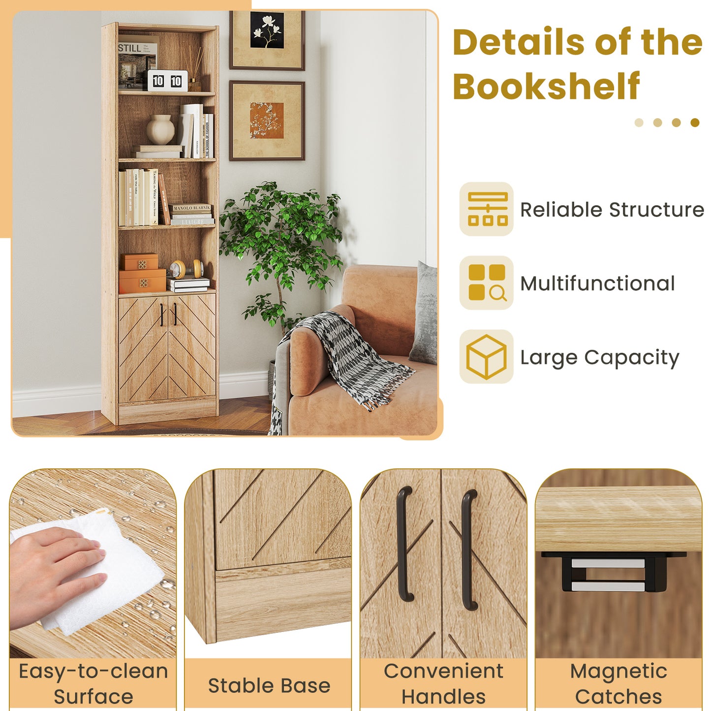 71 Inch 6-Tier Tall Bookshelf with Double Doors 4 Open Cubes, Oak Bookcases at Gallery Canada