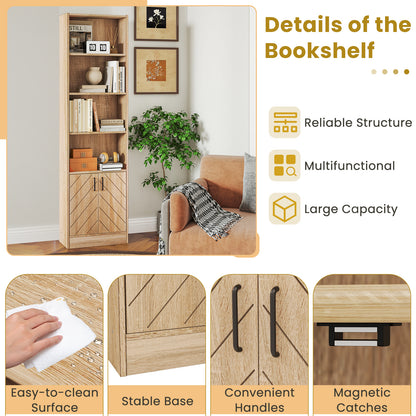 71 Inch 6-Tier Tall Bookshelf with Double Doors 4 Open Cubes, Oak Bookcases at Gallery Canada