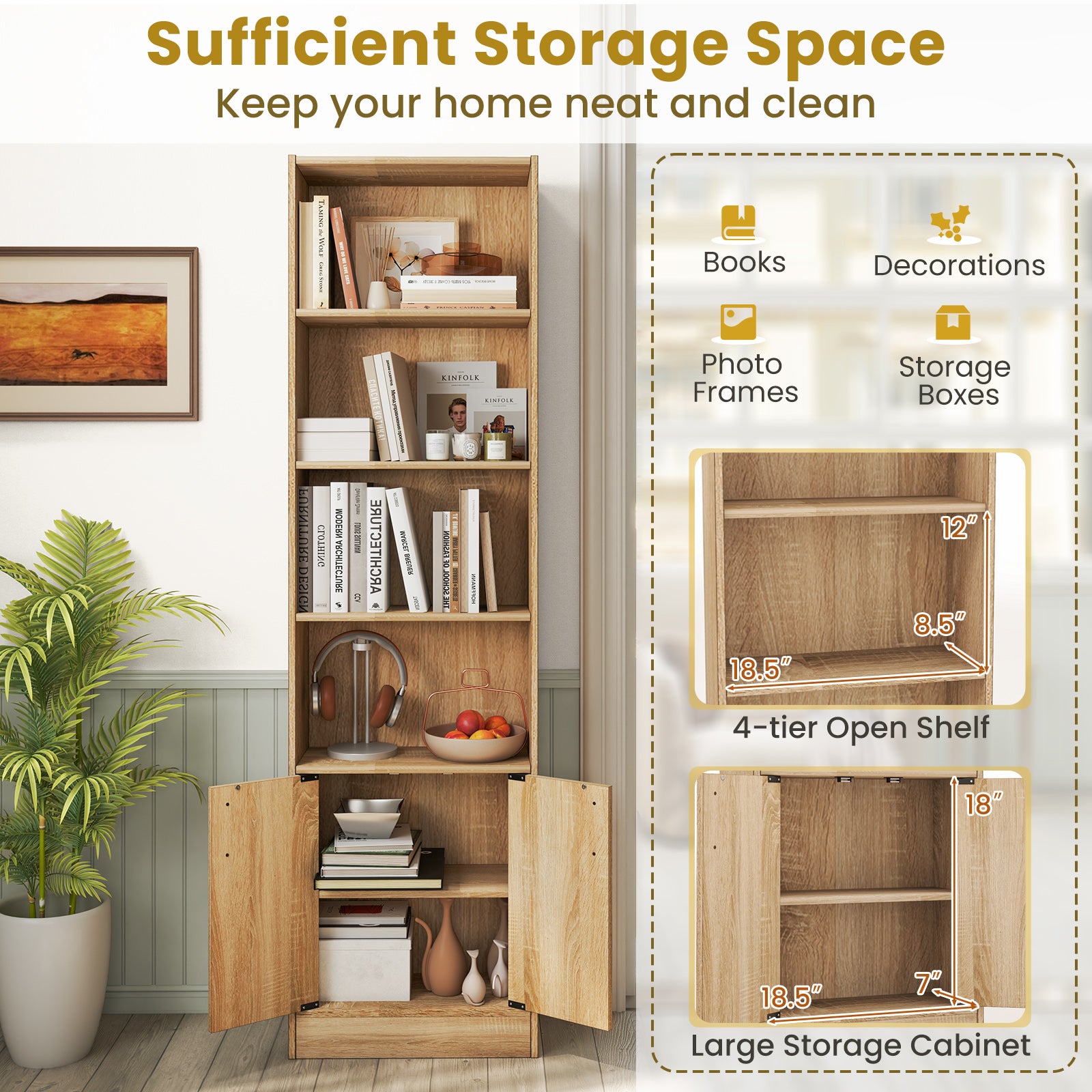 71 Inch 6-Tier Tall Bookshelf with Double Doors 4 Open Cubes, Oak Bookcases at Gallery Canada