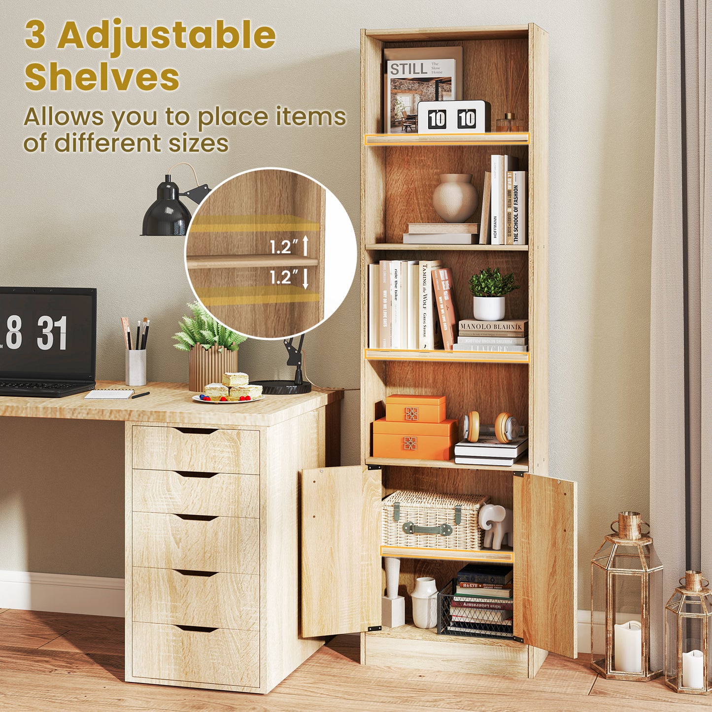 71 Inch 6-Tier Tall Bookshelf with Double Doors 4 Open Cubes, Oak Bookcases at Gallery Canada