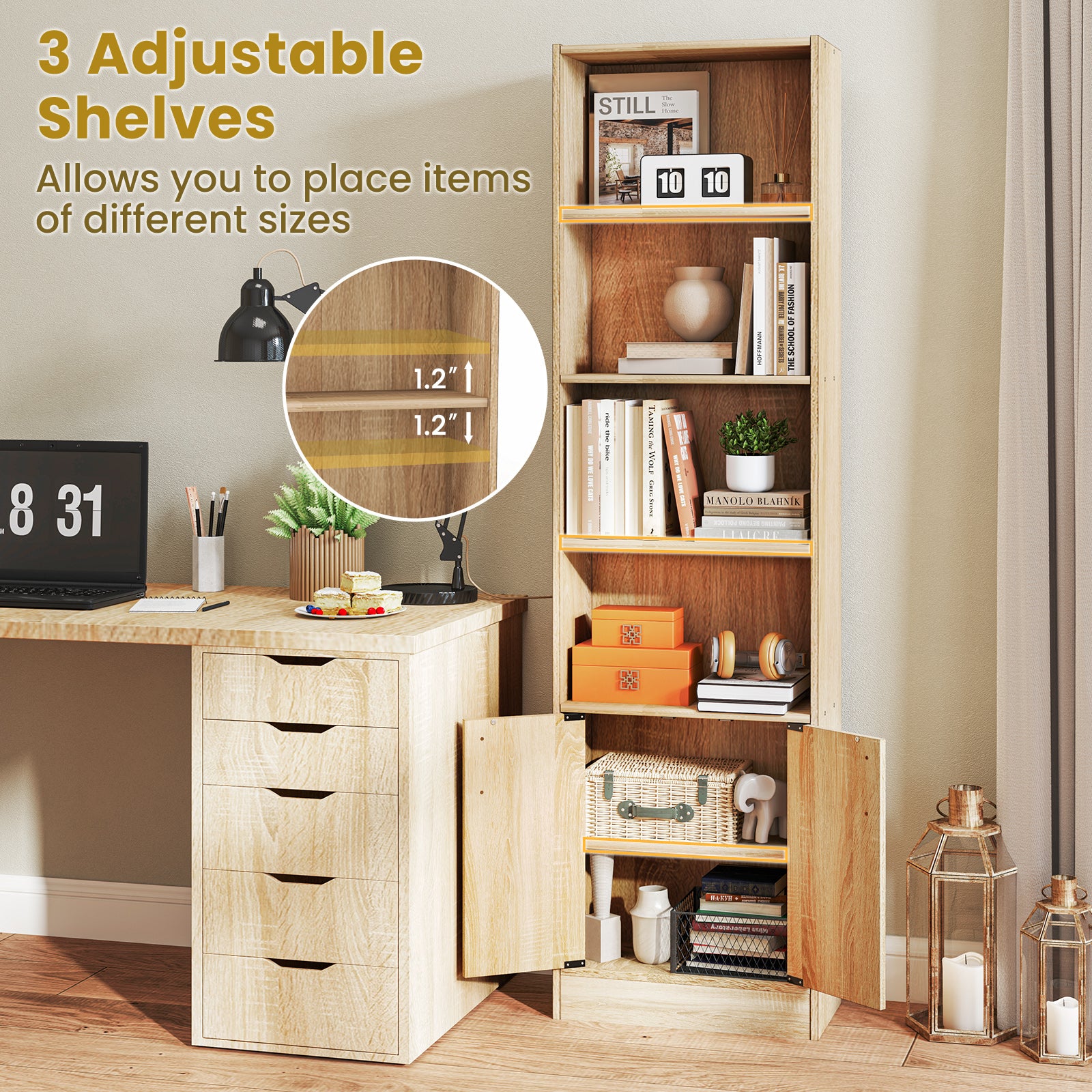 71 Inch 6-Tier Tall Bookshelf with Double Doors 4 Open Cubes, Oak Bookcases at Gallery Canada