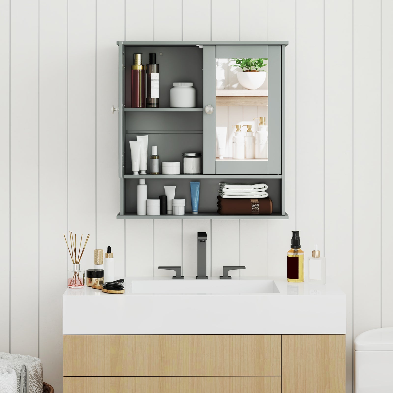 Bathroom Wall Mount Mirror Cabinet Organizer, Gray Wall Cabinets at Gallery Canada