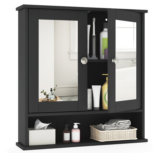 Double Door Wall-Mounted Bathroom Mirror Cabinet with Storage Shelf, Black Wall Cabinets Black at Gallery Canada