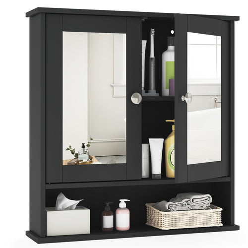Double Door Wall-Mounted Bathroom Mirror Cabinet with Storage Shelf, Black