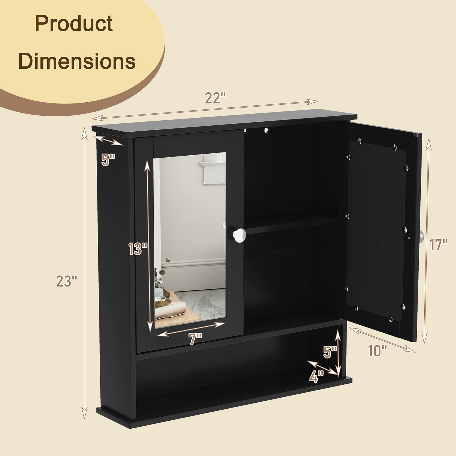 Double Door Wall-Mounted Bathroom Mirror Cabinet with Storage Shelf, Black Wall Cabinets at Gallery Canada
