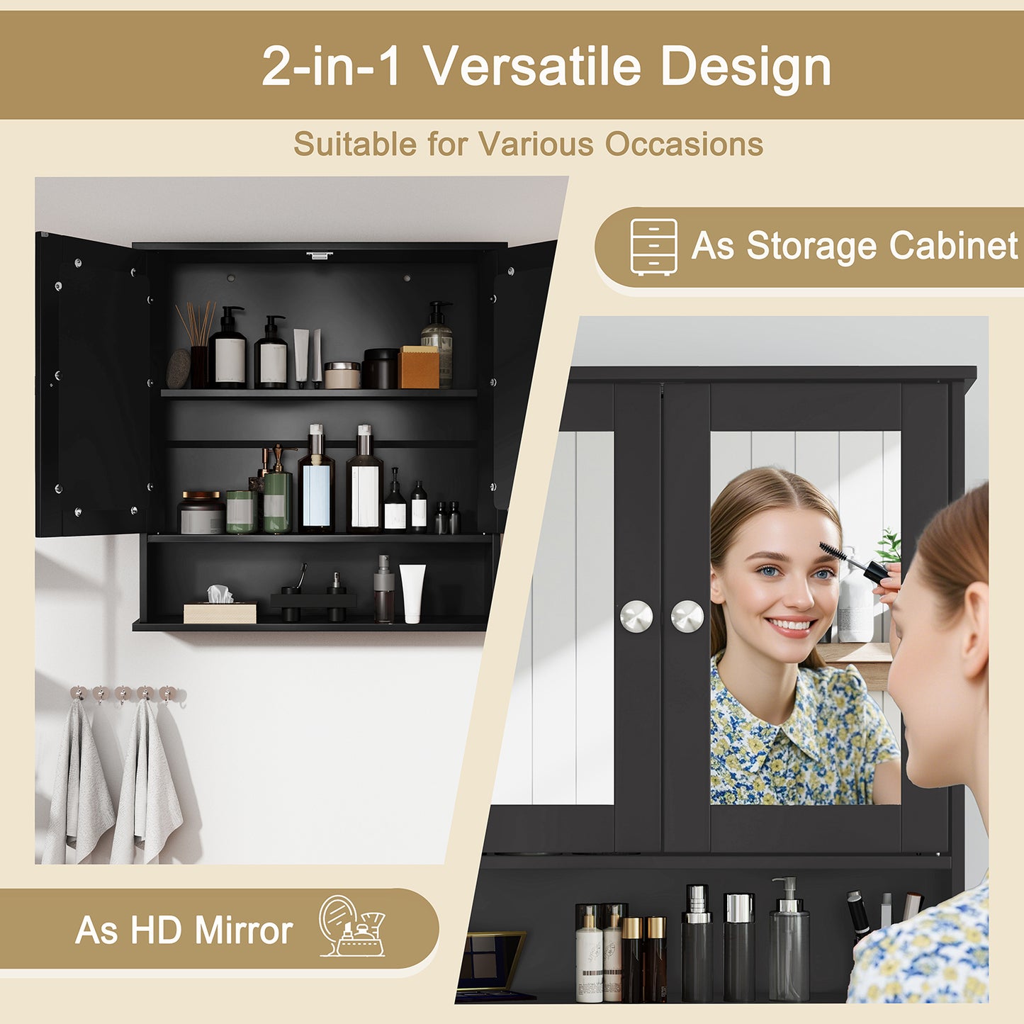 Double Door Wall-Mounted Bathroom Mirror Cabinet with Storage Shelf, Black Wall Cabinets at Gallery Canada