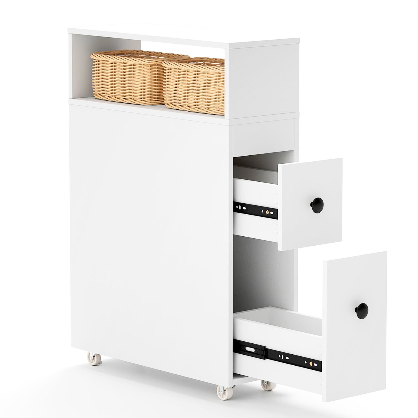 Slim Wooden Bathroom Cabinet, Deep Slide Out Drawers, White Floor Cabinets at Gallery Canada