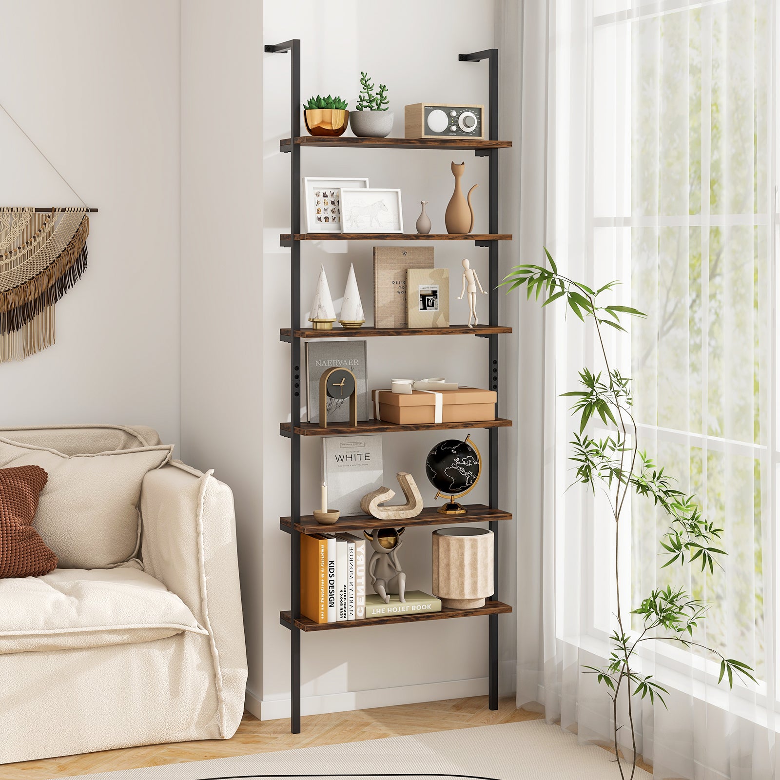 6-tier Ladder Shelf 72 Inches Industrial Wall Mounted Bookshelf, Rustic Brown Bookcases at Gallery Canada