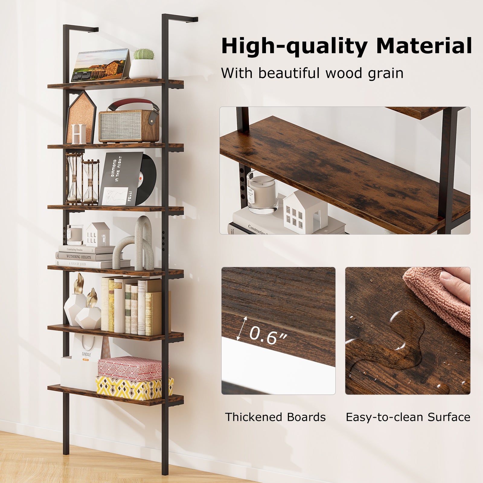 6-tier Ladder Shelf 72 Inches Industrial Wall Mounted Bookshelf, Rustic Brown Bookcases at Gallery Canada