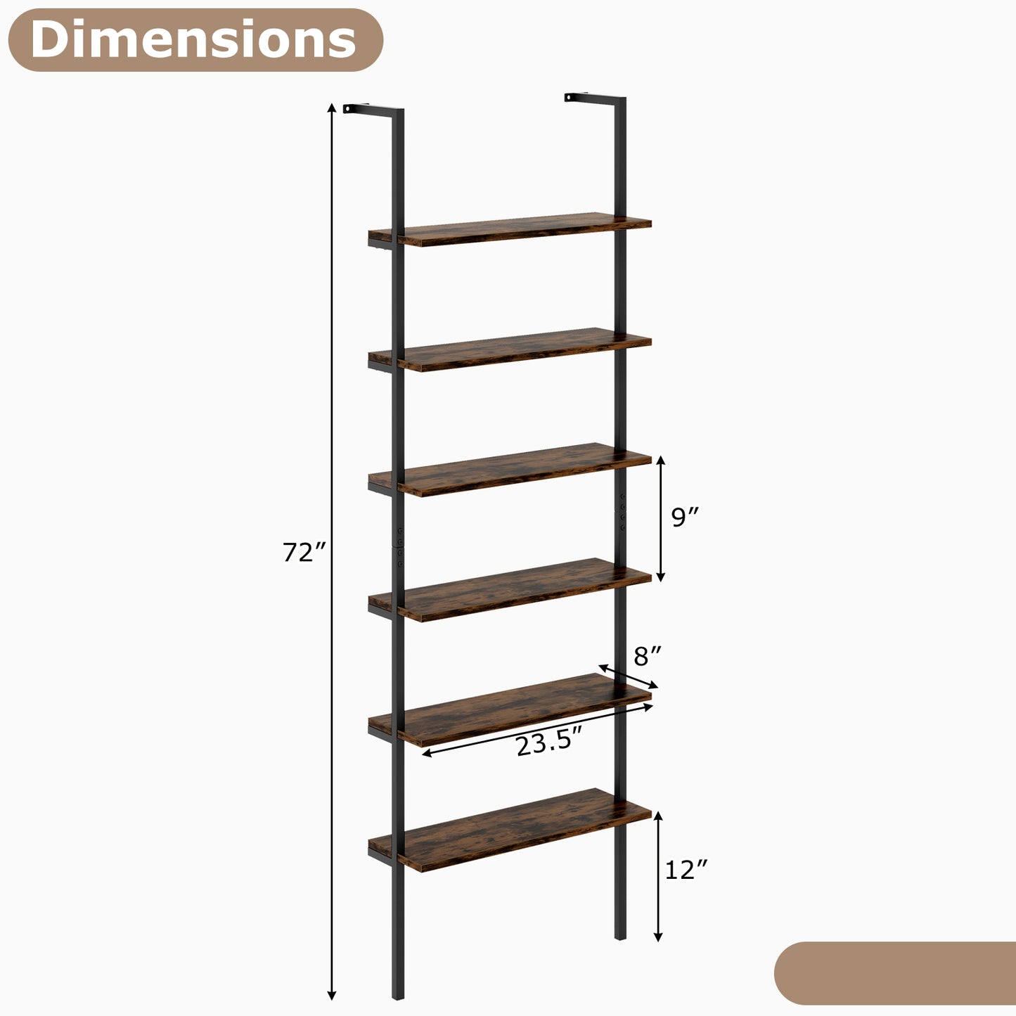 6-tier Ladder Shelf 72 Inches Industrial Wall Mounted Bookshelf, Rustic Brown Bookcases at Gallery Canada