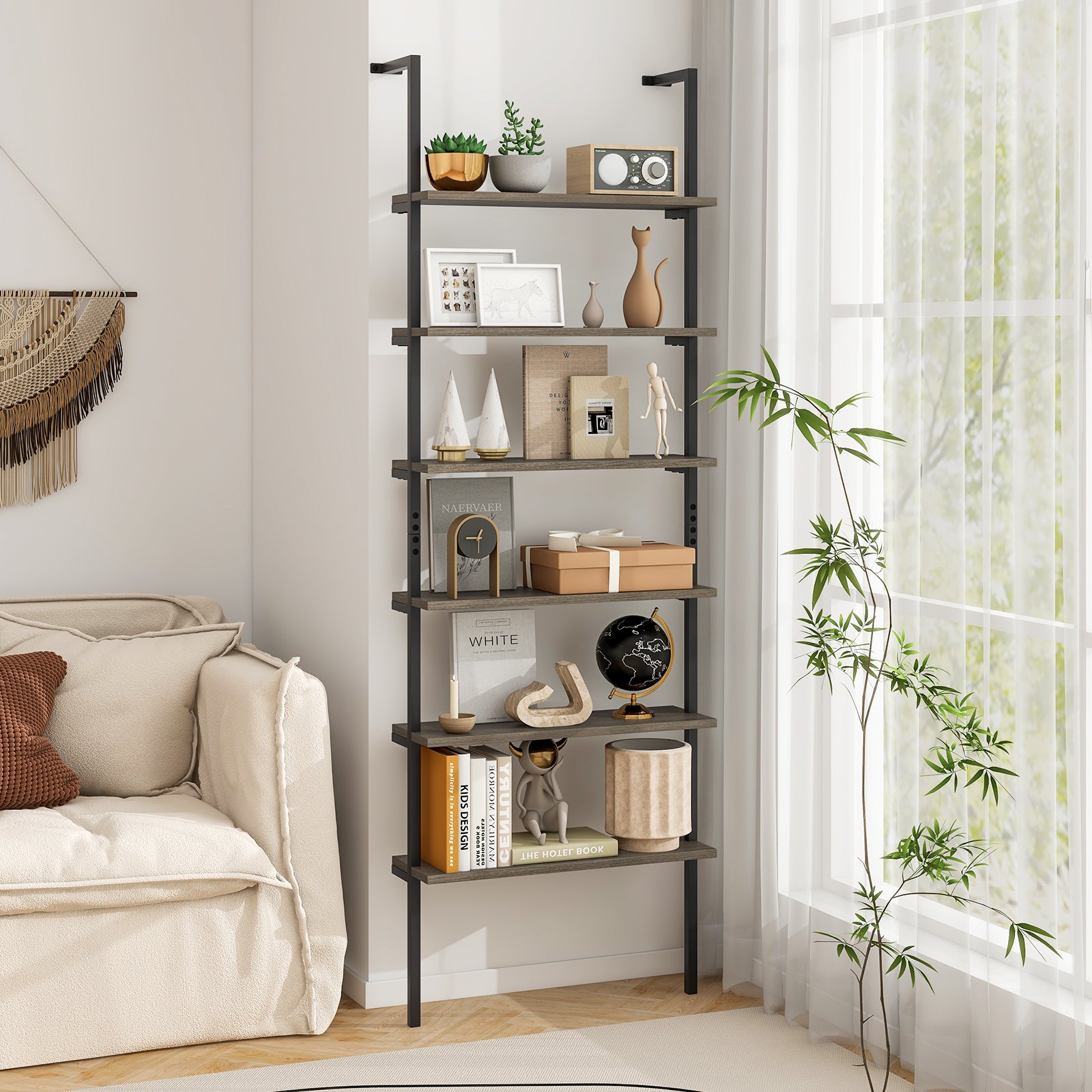 6-tier Ladder Shelf 72 Inches Industrial Wall Mounted Bookshelf, Gray Bookcases at Gallery Canada