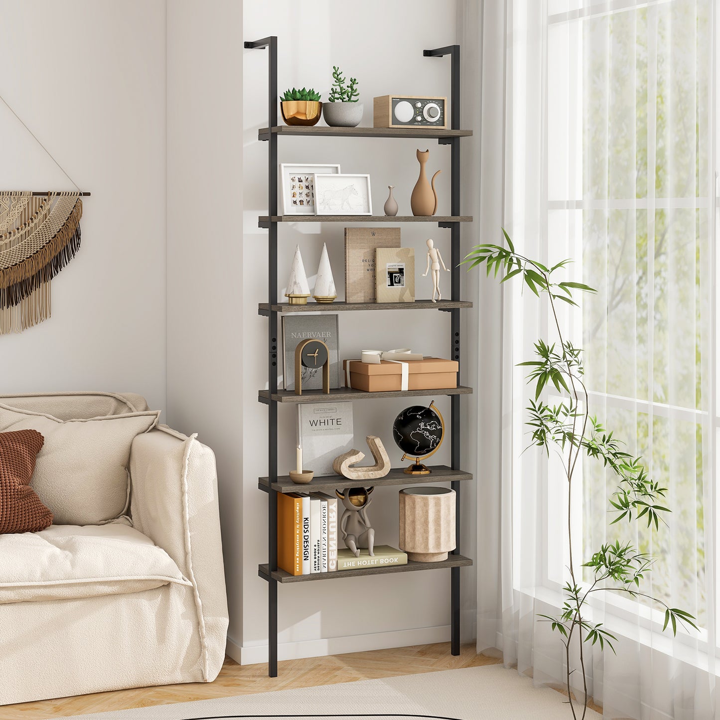6-tier Ladder Shelf 72 Inches Industrial Wall Mounted Bookshelf, Gray Bookcases at Gallery Canada