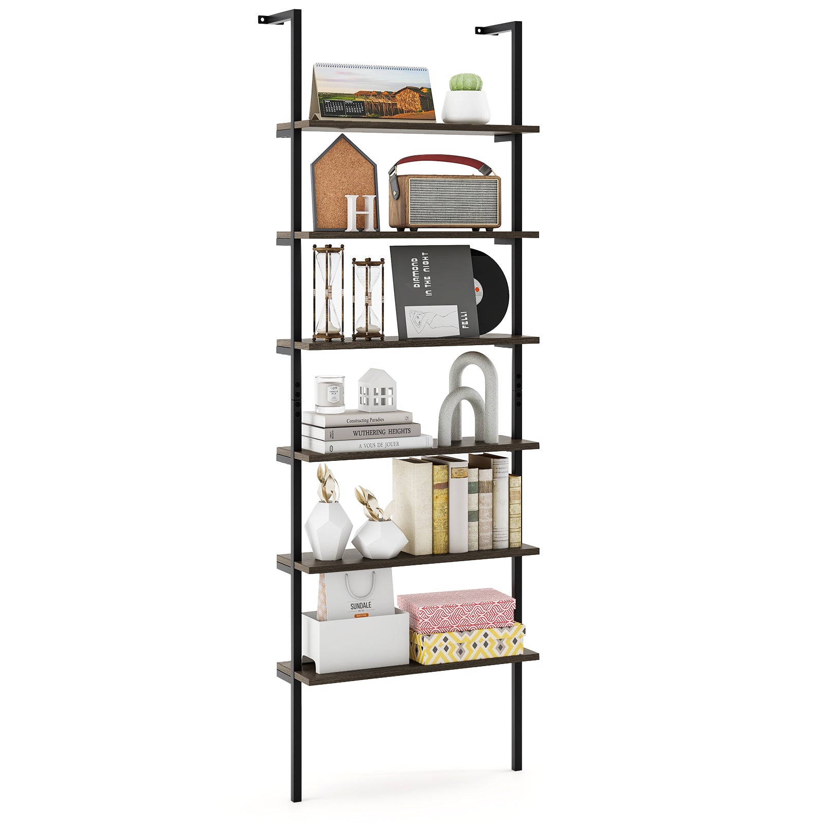 6-tier Ladder Shelf 72 Inches Industrial Wall Mounted Bookshelf, Gray Bookcases at Gallery Canada