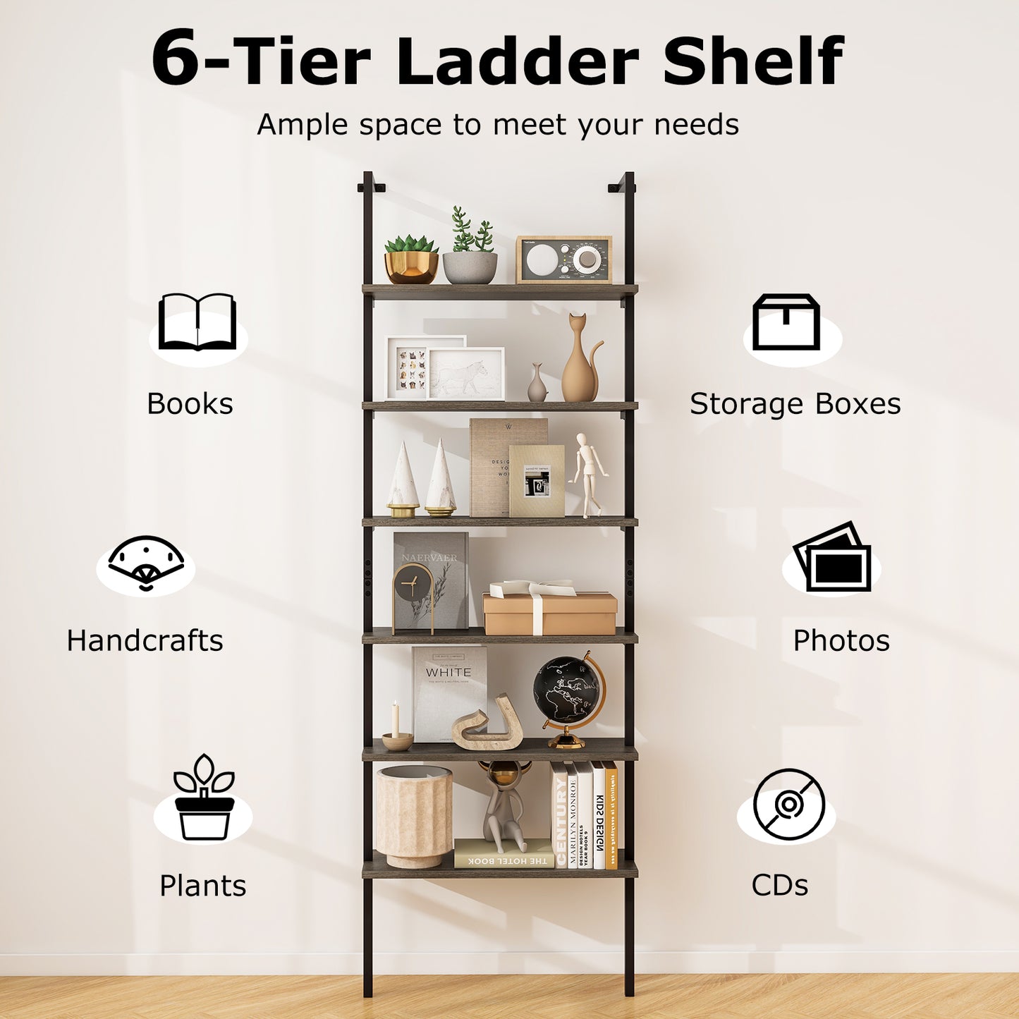 6-tier Ladder Shelf 72 Inches Industrial Wall Mounted Bookshelf, Gray Bookcases at Gallery Canada