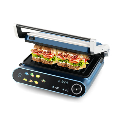 1200W Presse à Panini Grill, Affichage LED, 7 Modes de Cuisson, Bleu