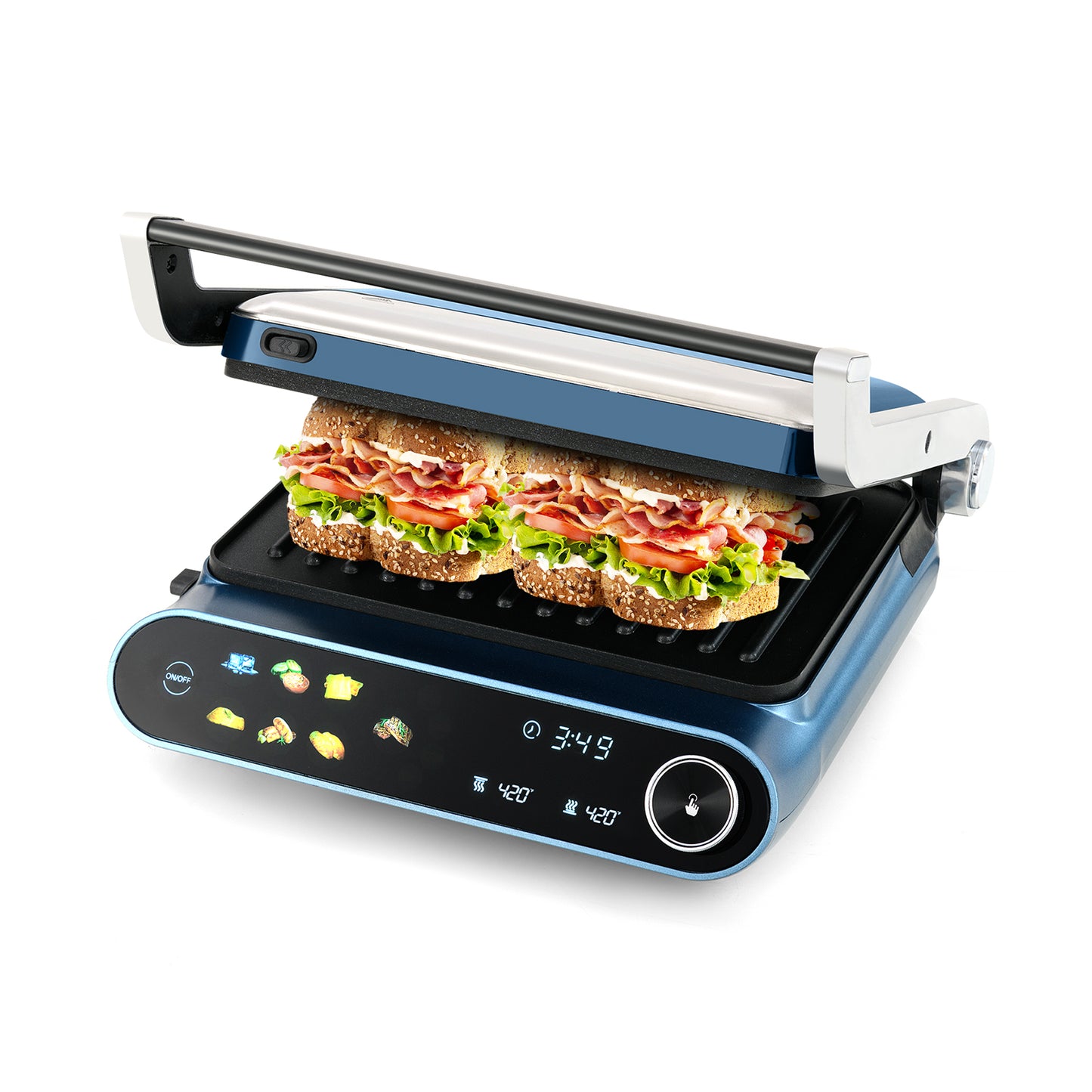 1200W Panini Press Grill, LED Display, 7 Grilling Modes, Blue Kitchen Appliances Blue at Gallery Canada