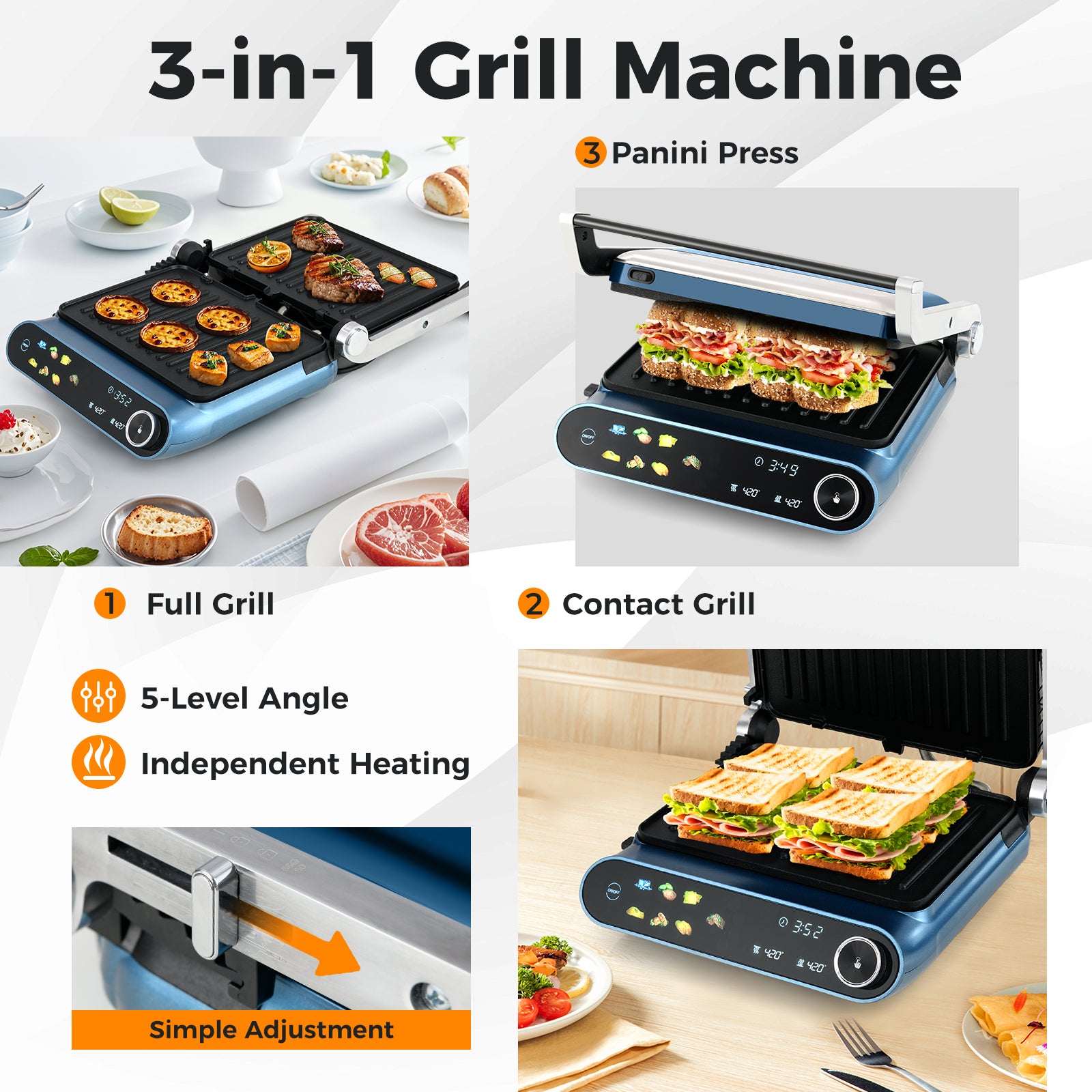 1200W Panini Press Grill with LED Display and 7 Grilling Modes, Blue Kitchen Appliances at Gallery Canada