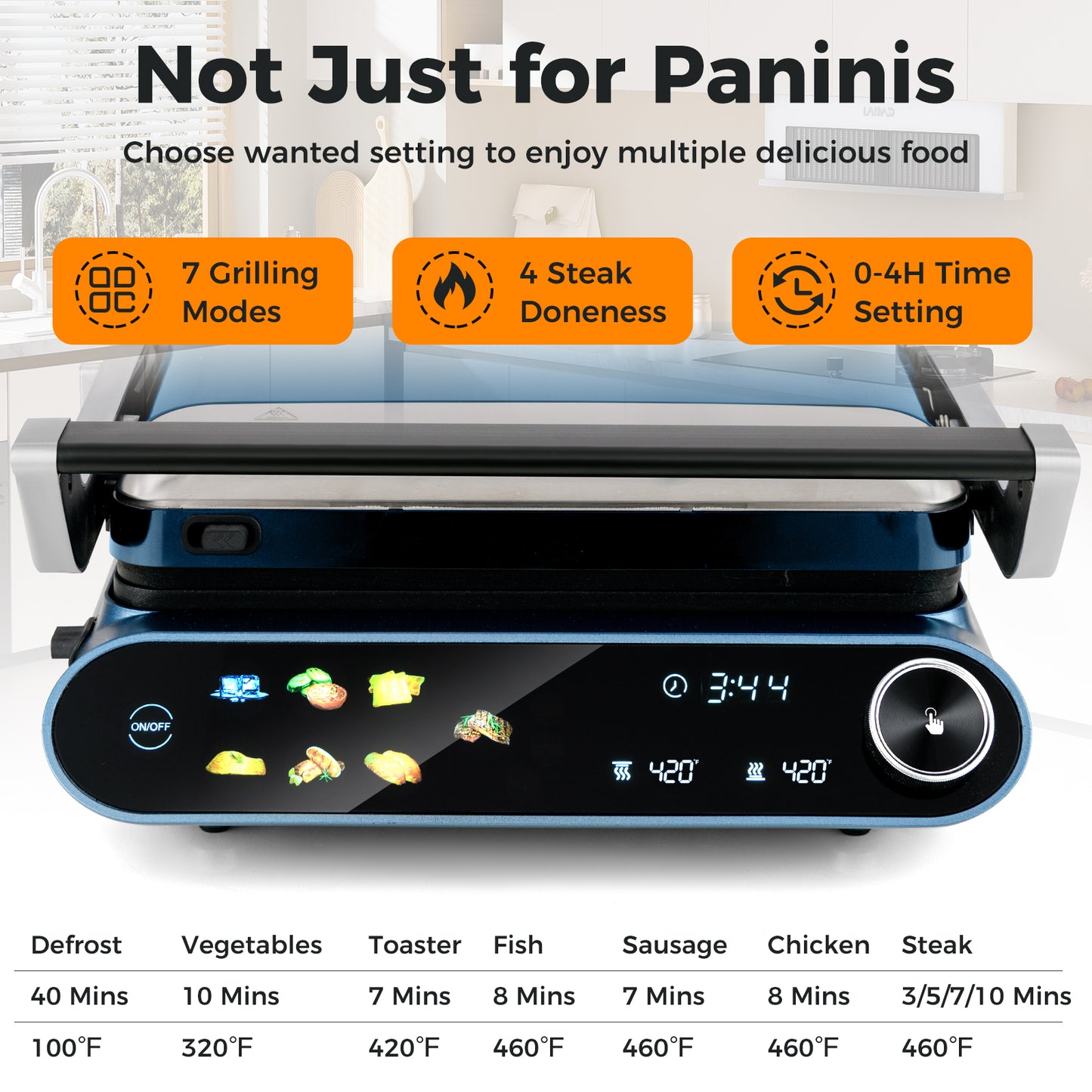 1200W Panini Press Grill with LED Display and 7 Grilling Modes, Blue Kitchen Appliances at Gallery Canada