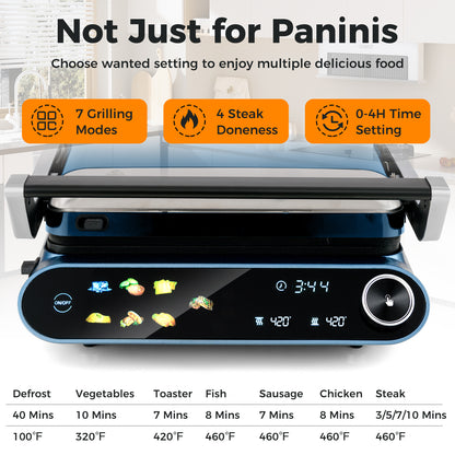 1200W Panini Press Grill with LED Display and 7 Grilling Modes, Blue Kitchen Appliances at Gallery Canada