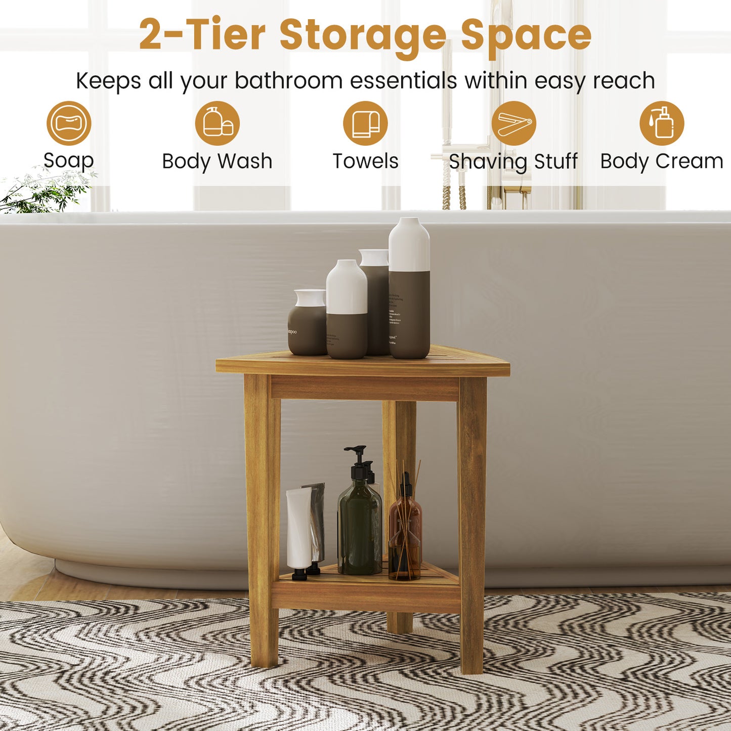 18 Inches Waterproof Shower Stool with Storage Shelf, Natural Bath Safety at Gallery Canada