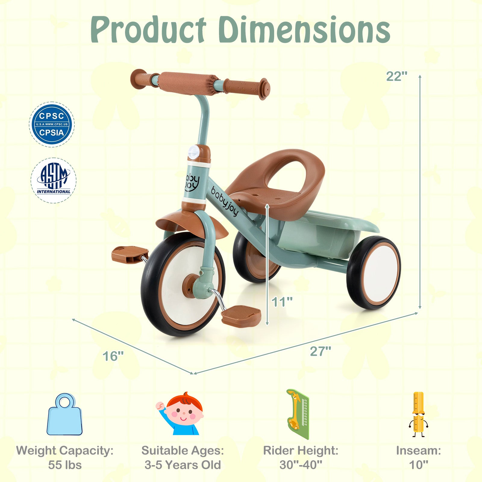 Toddler Tricycle, Adjustable Seat, Basket, 3-5 Years, Green Push & Pedal Ride On Toys at Gallery Canada