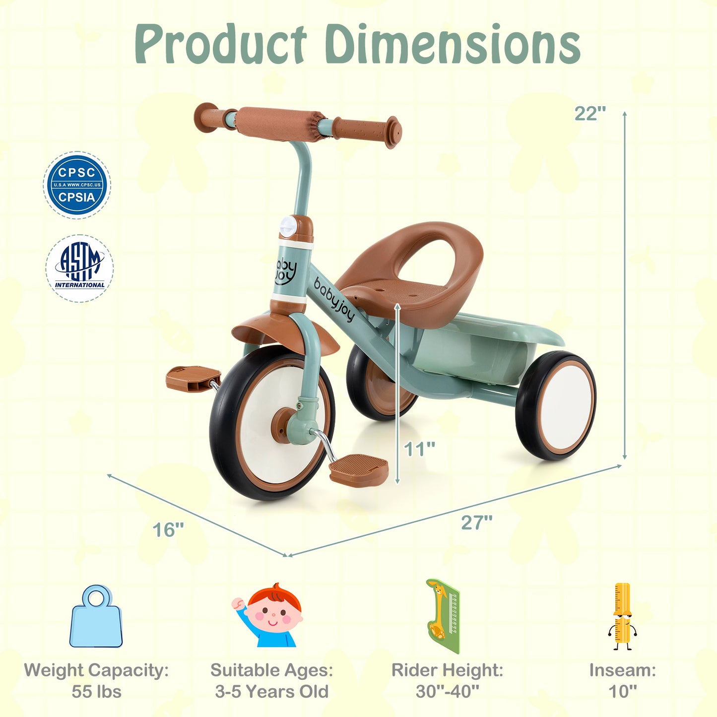 Toddler Tricycle, Adjustable Seat, Basket, 3-5 Years, Green Push & Pedal Ride On Toys at Gallery Canada