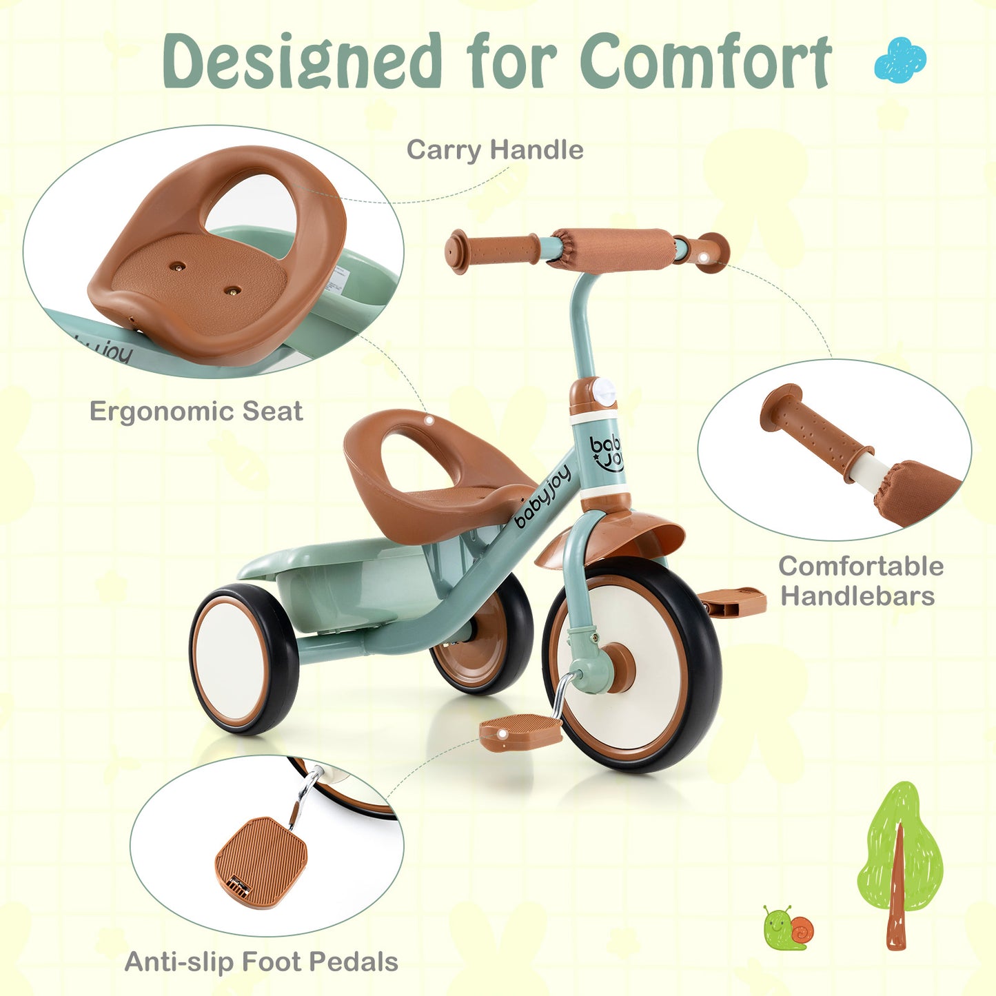 Toddler Tricycle, Adjustable Seat, Basket, 3-5 Years, Green Push & Pedal Ride On Toys at Gallery Canada