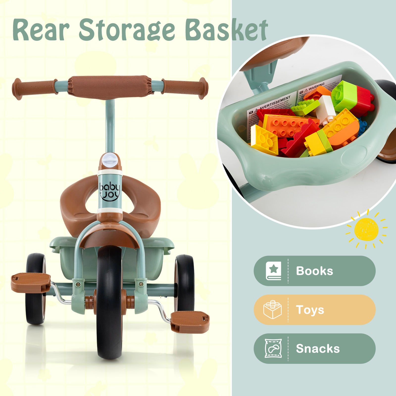 Toddler Tricycle, Adjustable Seat, Basket, 3-5 Years, Green Push & Pedal Ride On Toys at Gallery Canada