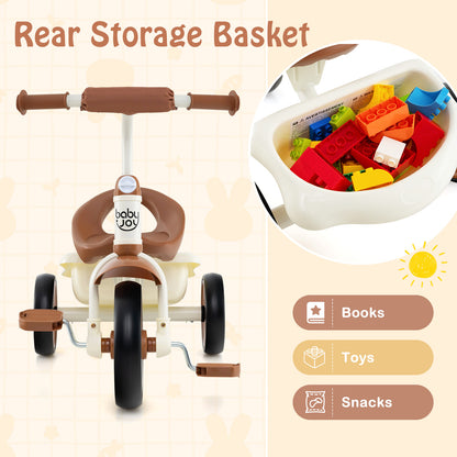 Toddler Tricycle, Adjustable Seat, Basket, 3-5 Years, Beige