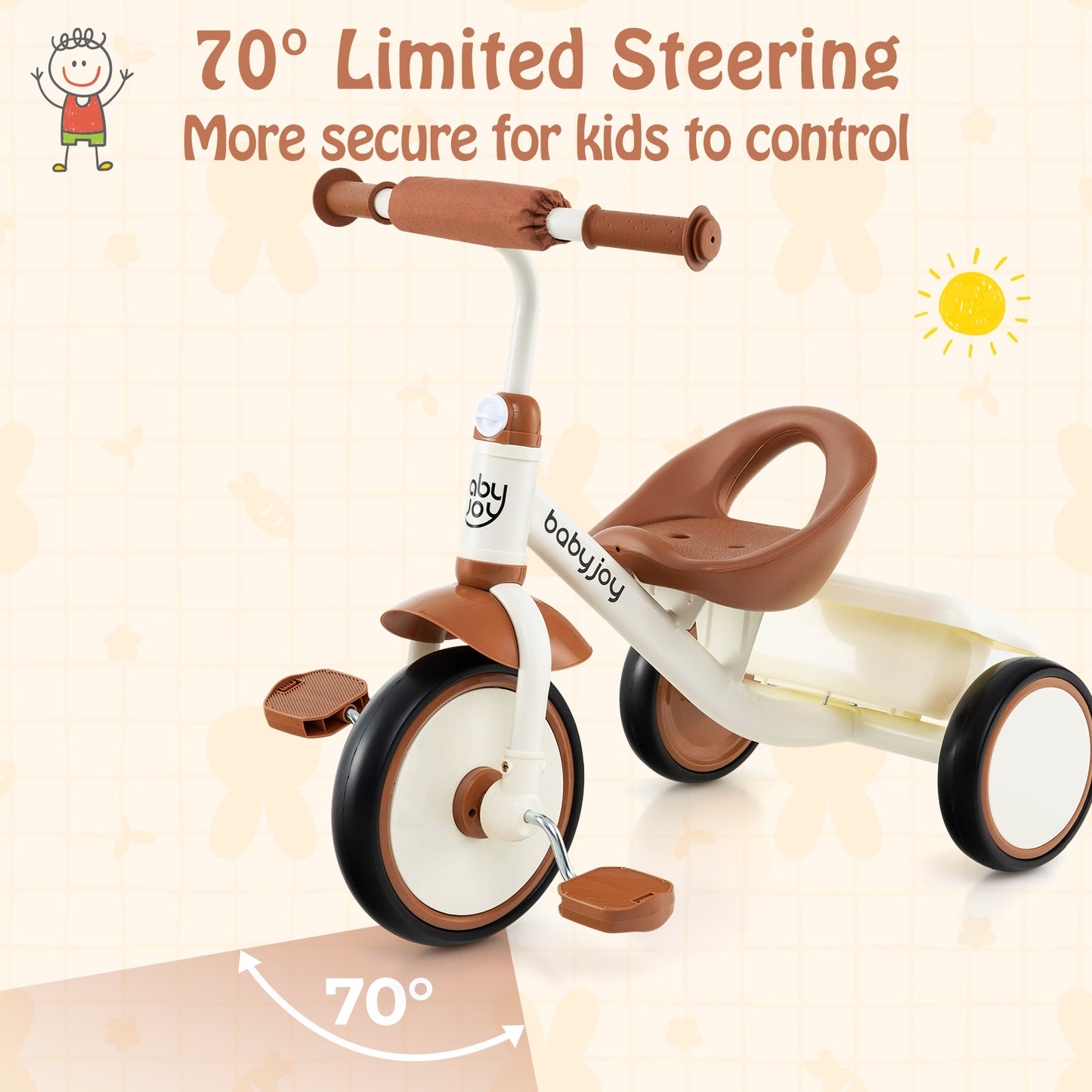 Toddler Tricycle, Adjustable Seat, Basket, 3-5 Years, Beige